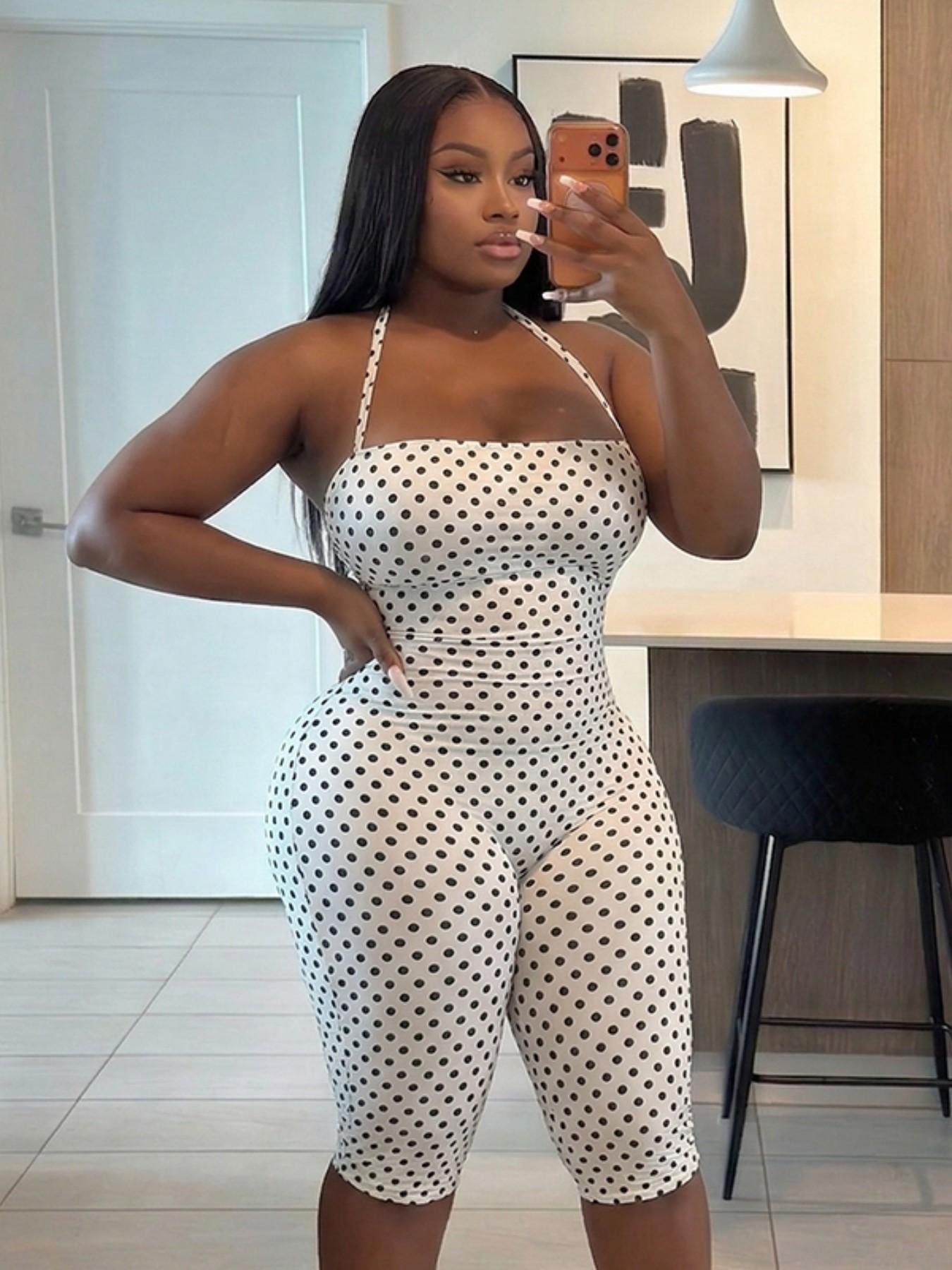 Women's Polka Dot Sleeveless Halter Bodycon Fit Long Pants, Elegant Retro Chic Style, Perfect for Daily Commute and Dates, Halter Neck Jumpsuit