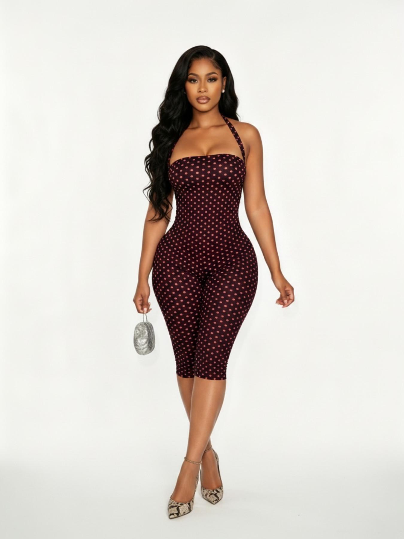 Women's Polka Dot Sleeveless Halter Bodycon Fit Long Pants, Elegant Retro Chic Style, Perfect for Daily Commute and Dates, Halter Neck Jumpsuit