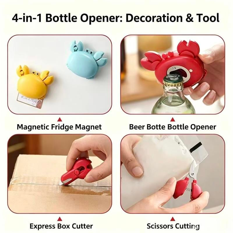 🦀 Cute Crab 3-in-1 Multi-Tool: Magnetic Bottle Opener, Mini Box Cutter & Kitchen Scissors