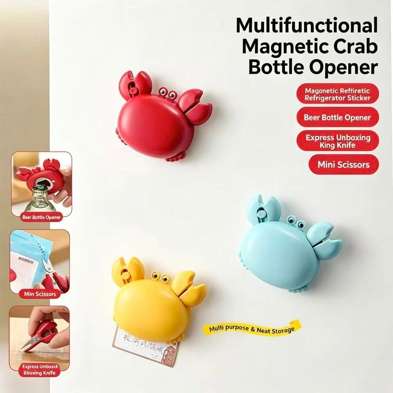 🦀 Cute Crab 3-in-1 Multi-Tool: Magnetic Bottle Opener, Mini Box Cutter & Kitchen Scissors