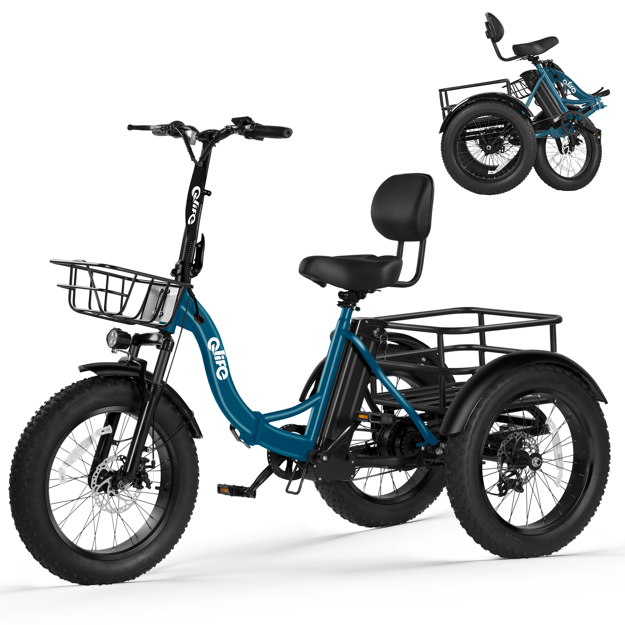 Triker Plus Folding 3-Wheel Electric Trike, Peak 1200W 48V Removable Battery, US Warehouse Wholesale MOQ 1-Qlife Bike Wholesale | US E-Bike Distributor