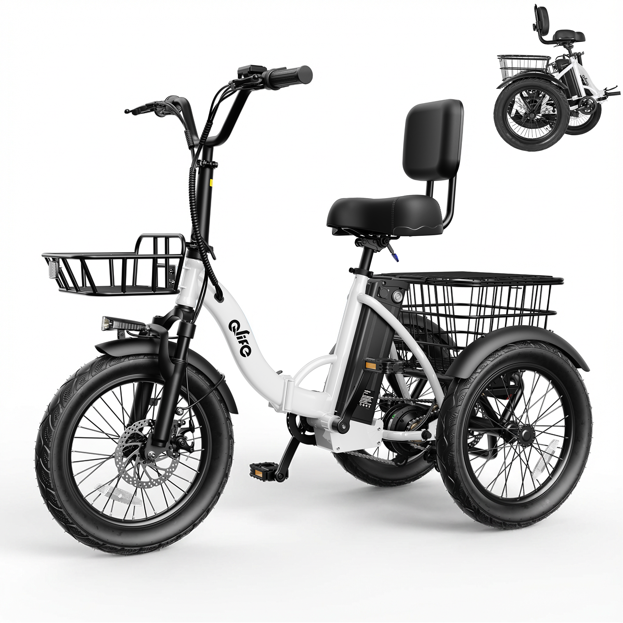 Triker 2.0 Folding 3-Wheel Electric Trike, Peak 1200W 48V Removable Battery, US Warehouse Wholesale MOQ 1-Qlife Bike Wholesale | US E-Bike Distributor