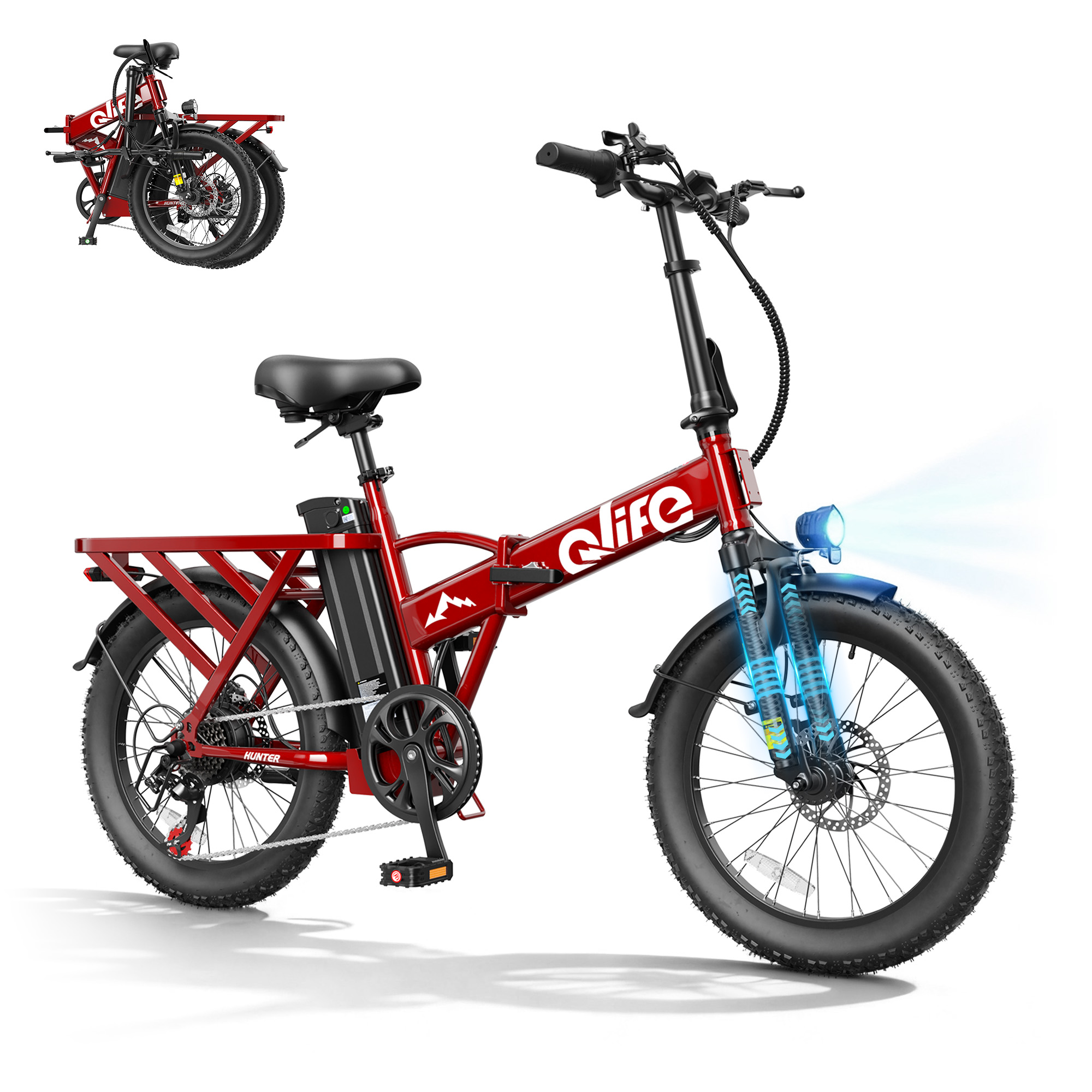 Hunter 20" Folding All-Terrain E-Bike, Peak 1200W 48V Removable Battery, US Warehouse Wholesale MOQ 1-Qlife Bike Wholesale | US E-Bike Distributor