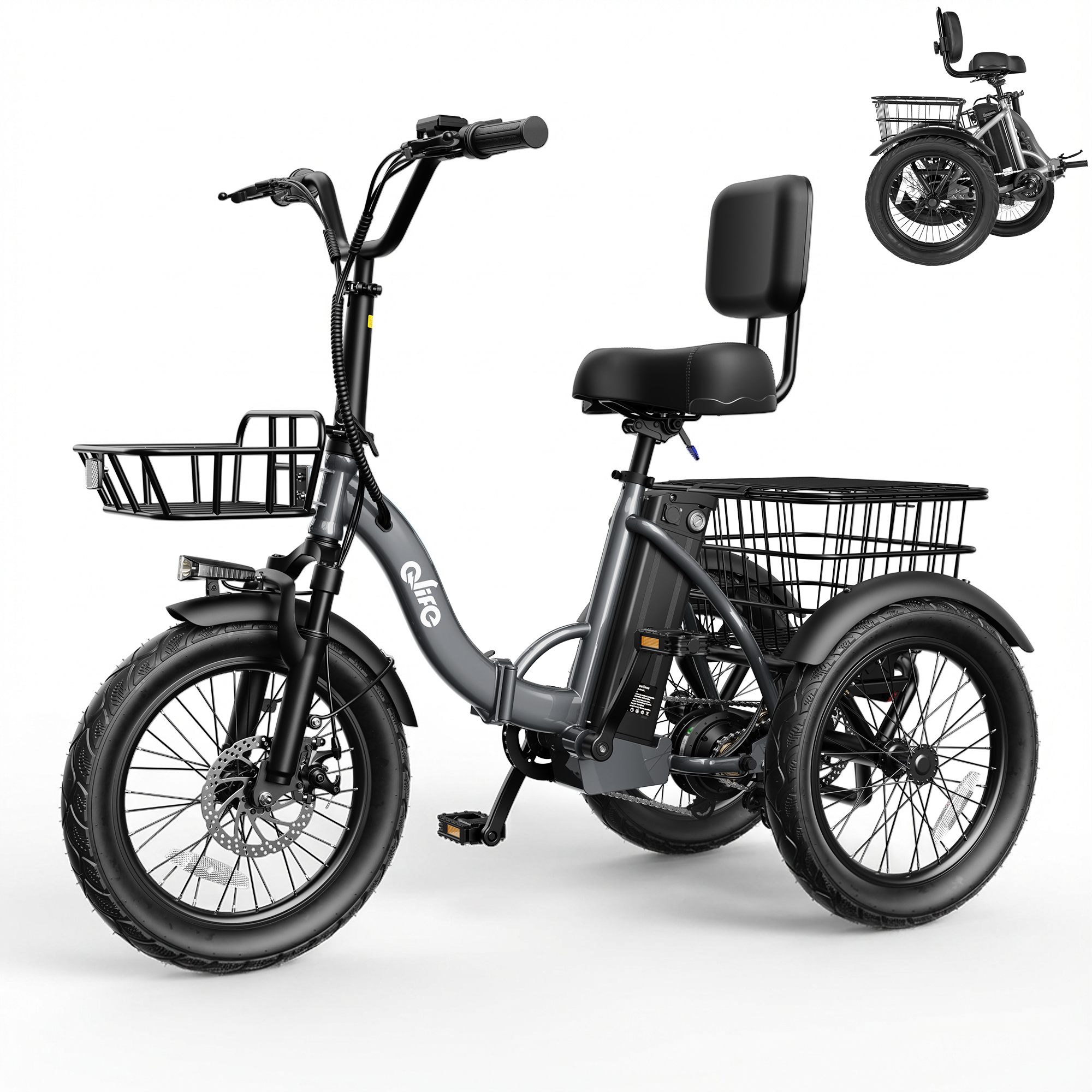 Triker 2.0 Folding 3-Wheel Electric Trike, Peak 1200W 48V Removable Battery, US Warehouse Wholesale MOQ 1-Qlife Bike Wholesale | US E-Bike Distributor