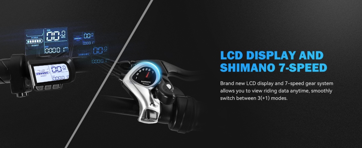 Racer Plus LCD display and Shimano 7-speed shifter