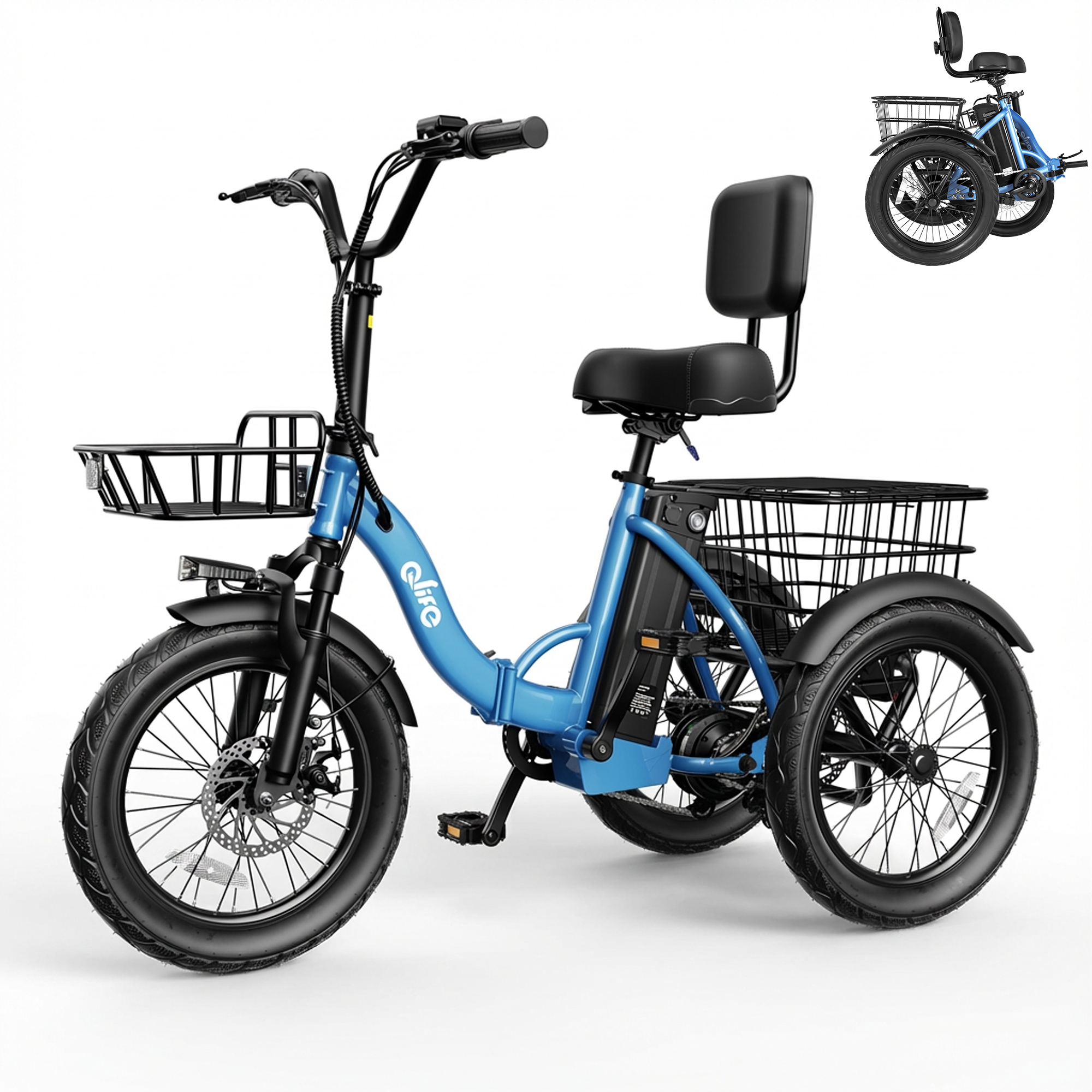 Triker 2.0 Folding 3-Wheel Electric Trike, Peak 1200W 48V Removable Battery, US Warehouse Wholesale MOQ 1-Qlife Bike Wholesale | US E-Bike Distributor