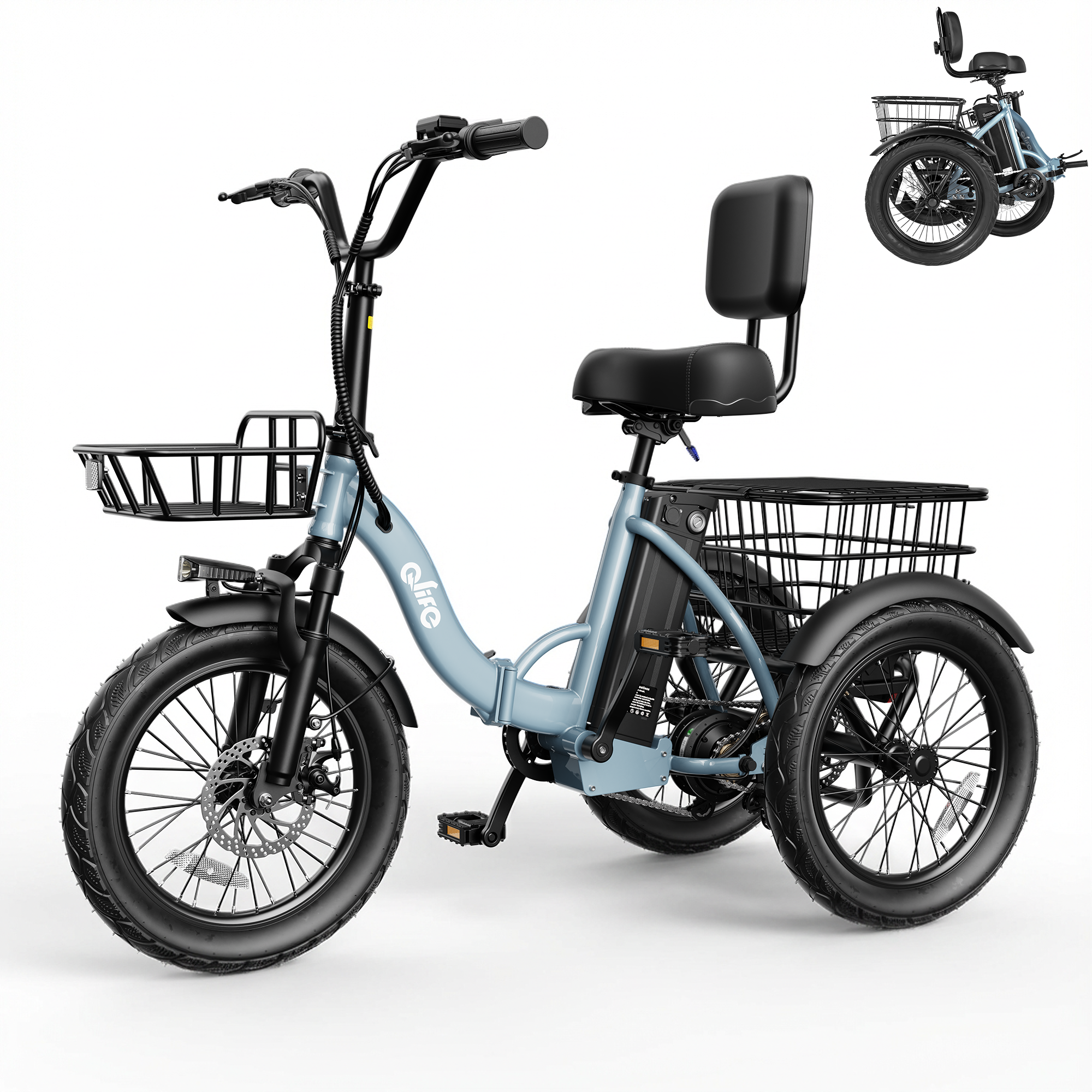 Triker 2.0 Folding 3-Wheel Electric Trike, Peak 1200W 48V Removable Battery, US Warehouse Wholesale MOQ 1-Qlife Bike Wholesale | US E-Bike Distributor