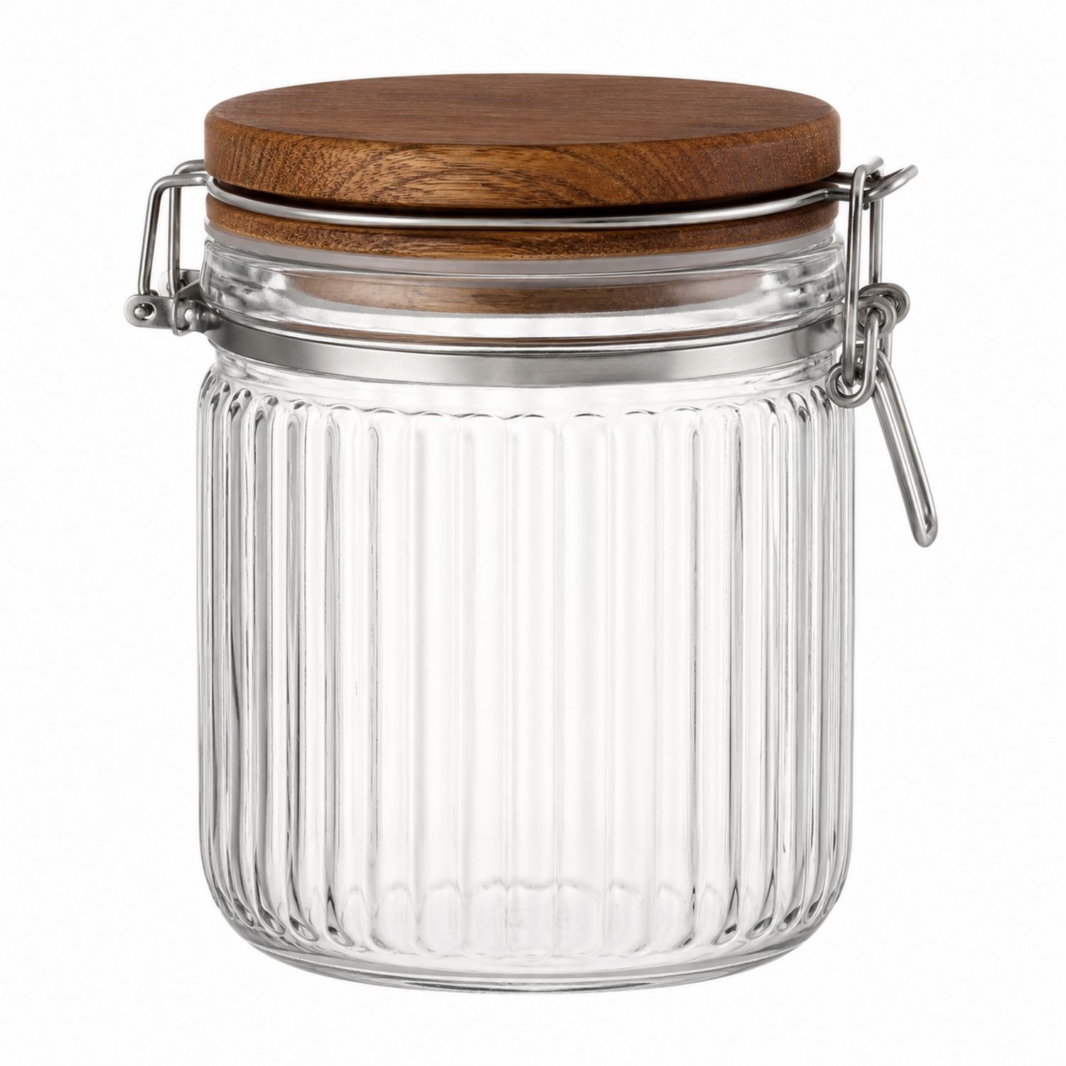 Tarro de Vidrio Estriado Hermético con Tapa de Madera 1000ml Transparente-kasanest