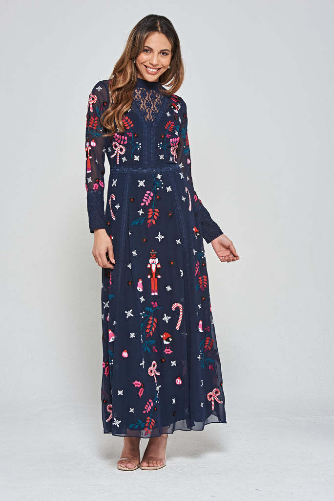 Navy Christmas Embroidered Maxi Dress with Lace Panels