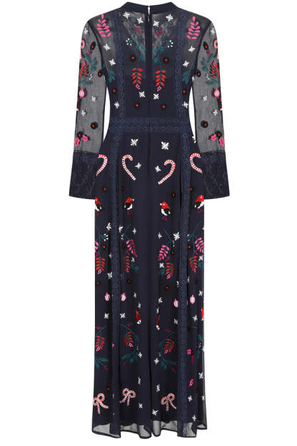 Navy Christmas Embroidered Maxi Dress with Lace Panels
