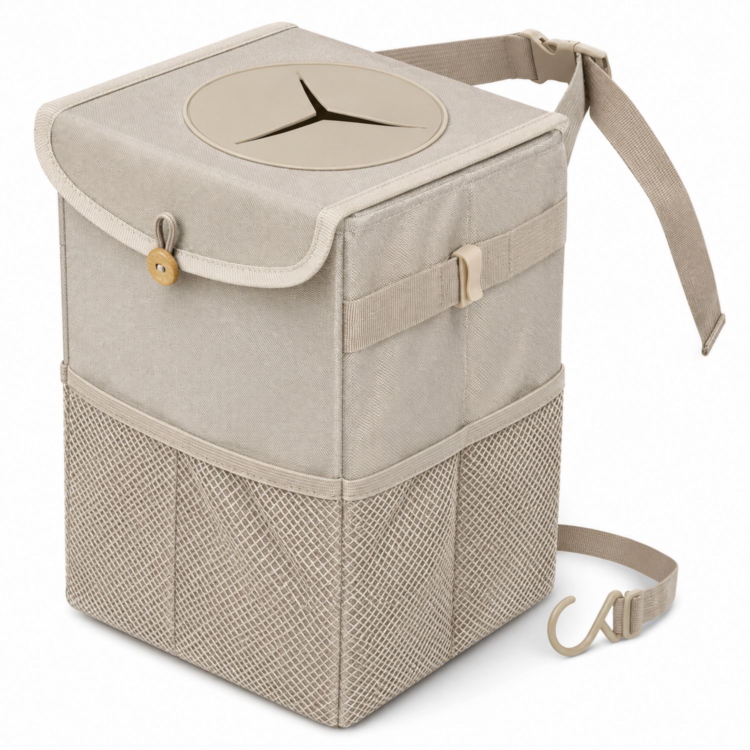 Borsa contenitore pieghevole beige con gancio e capacità 10L