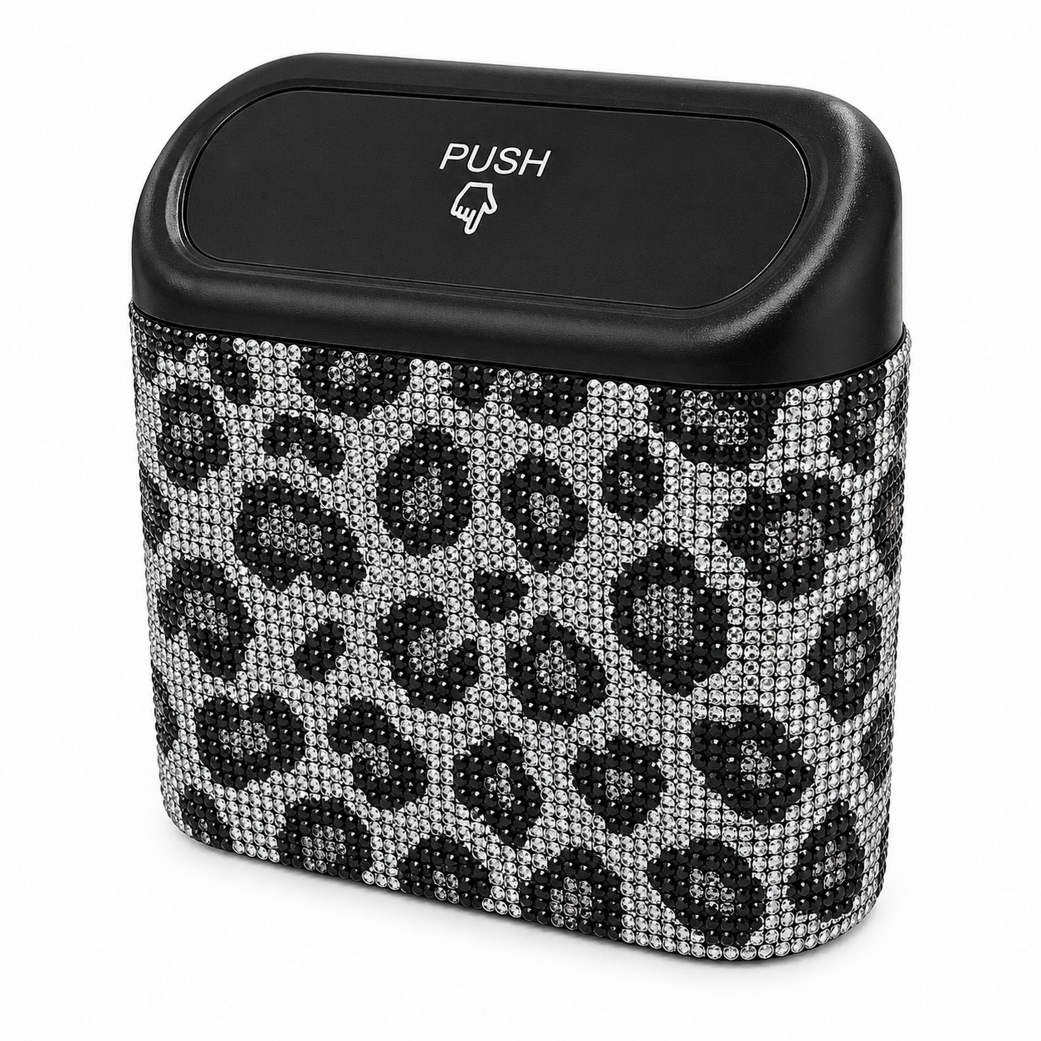 Mini cestino portatile con strass e motivo leopardato nero e argento