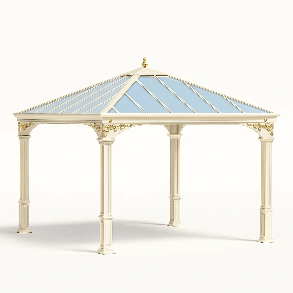 Rechteckiger Pavillon aus Aluminium mit gehärtetem Glasdach 400x300 cm Creme/Gold-LIVAVEXO