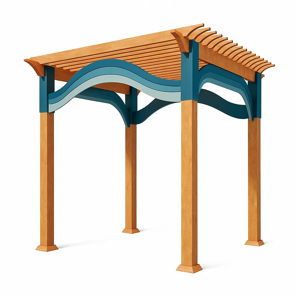 Holzpergola mit Wellenform, Eichenholz und Stahl, 300x200x250 cm, Braun/Blau-LIVAVEXO