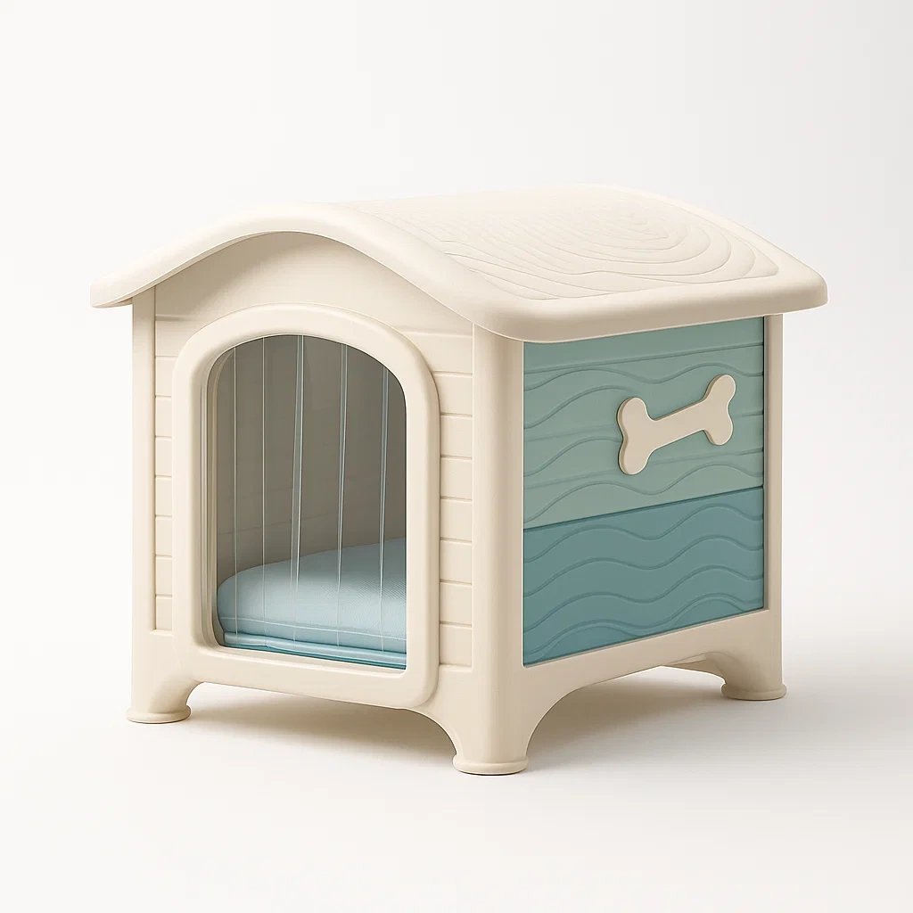 Hundehütte aus Kunststoff mit Matratze Beige/Blau 60x50x50 cm-LIVAVEXO