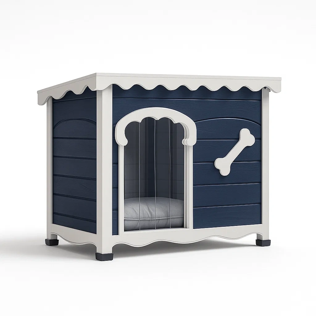Holz Hundehütte mit Knochenmotiv Blau/Weiß-LIVAVEXO