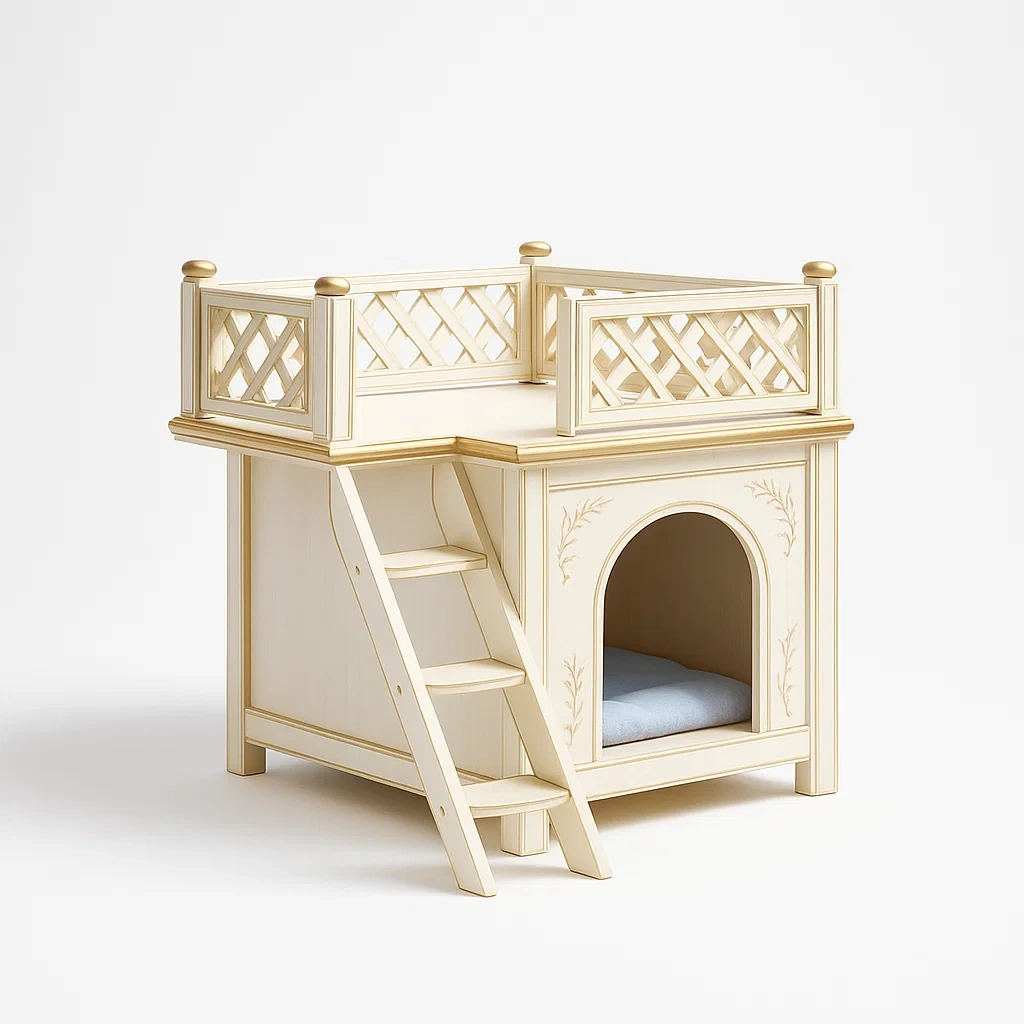 Holz Hundehütte mit Leiter und Plattform Beige-LIVAVEXO