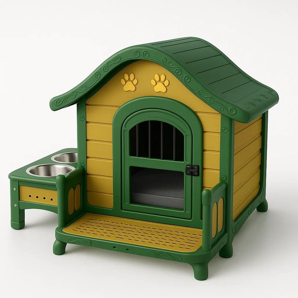 Kunststoff Hundehütte mit Futternapfset Grün/Gelb 70x60x80cm-LIVAVEXO