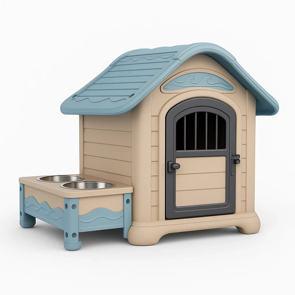 Kunststoff Hundehütte mit Edelstahl-Futternapf, Hellbraun/Blau-LIVAVEXO