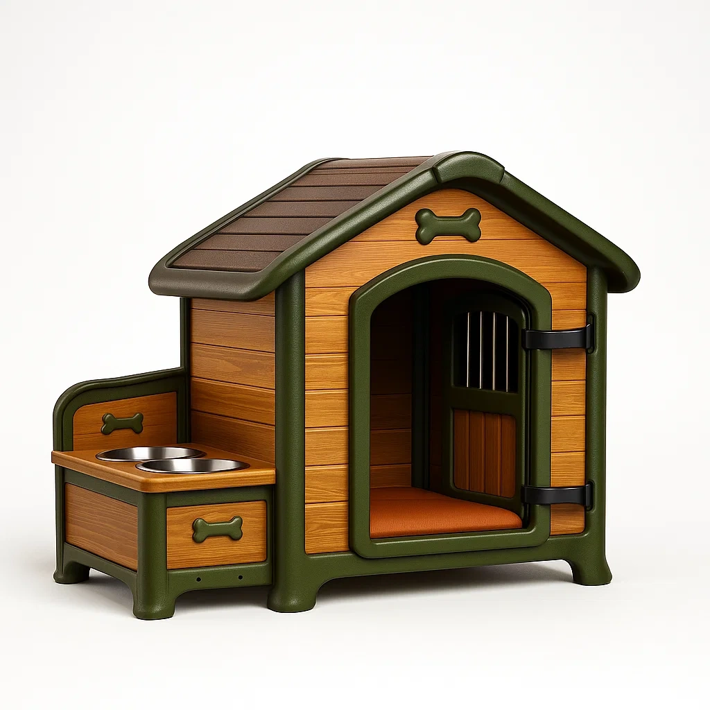 Hundehütte Holz Kunststoff mit Futterstation Braun/Grün-LIVAVEXO