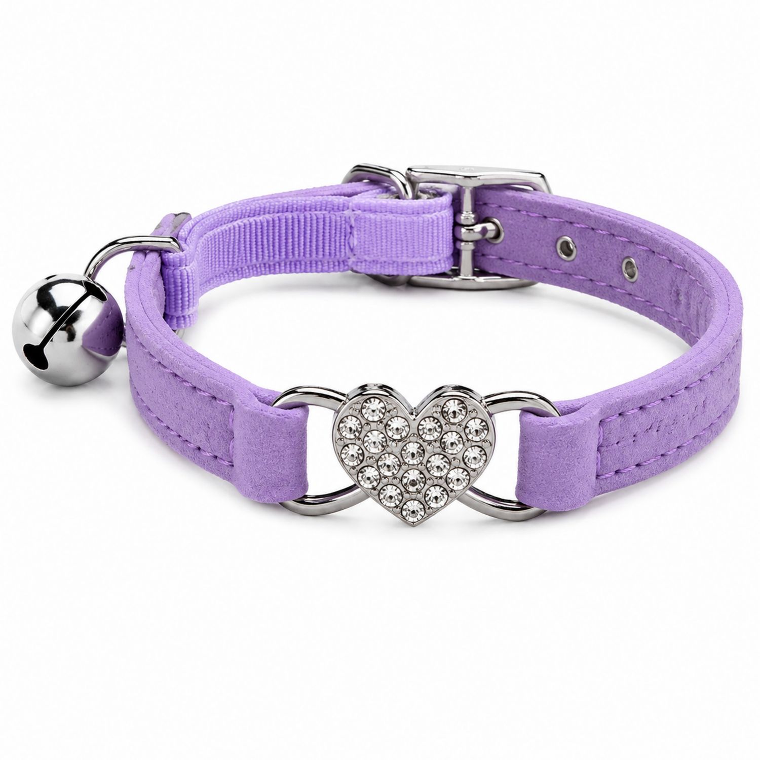 Verstellbares Katzenhalsband mit Herzanhänger und Glöckchen Lila