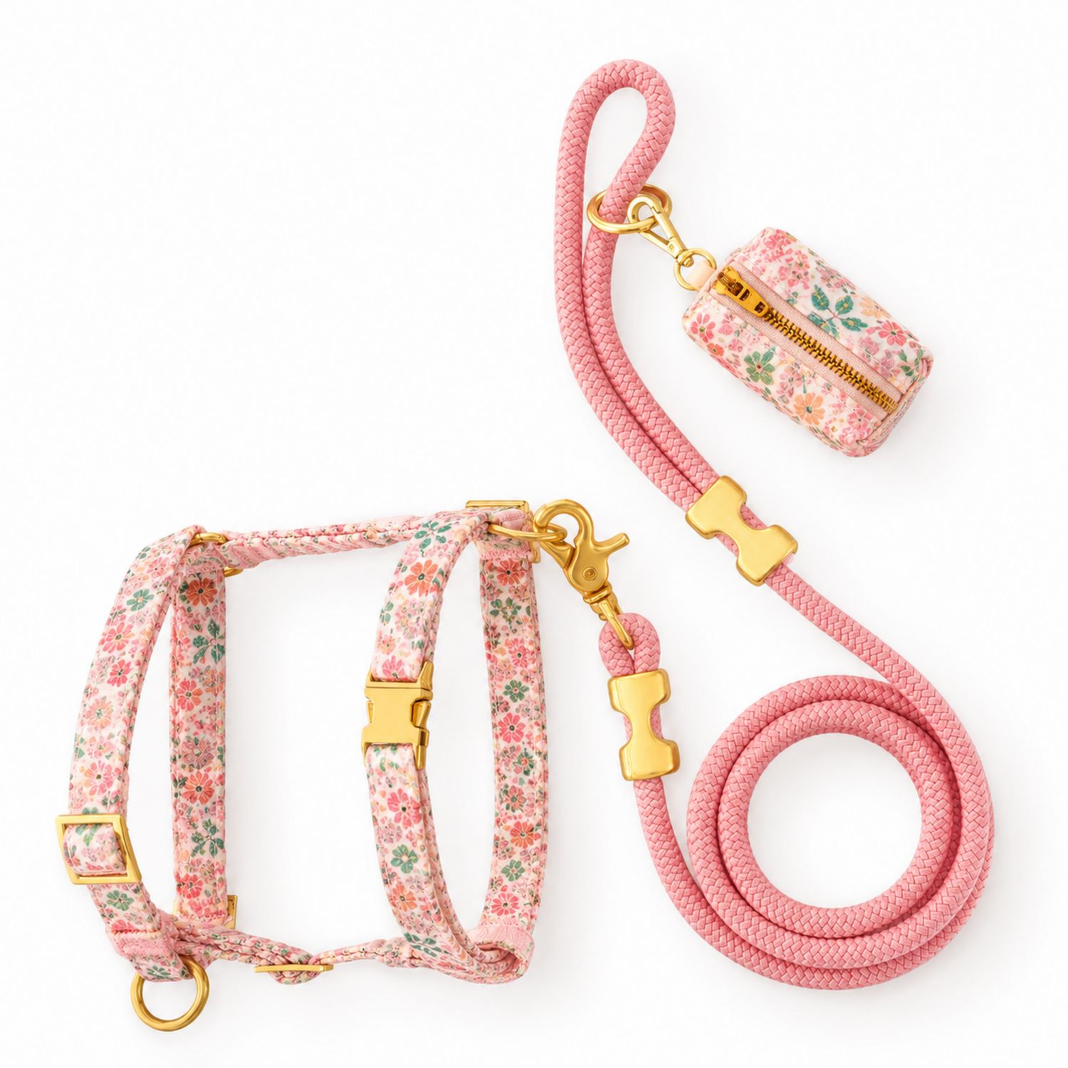 Verstellbares Hundegeschirr-Set mit Blumenmuster in Rosa