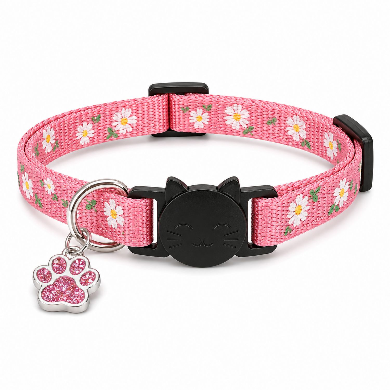 Verstellbares rosa Katzenhalsband mit Blumenmuster und Glitzeranhänger