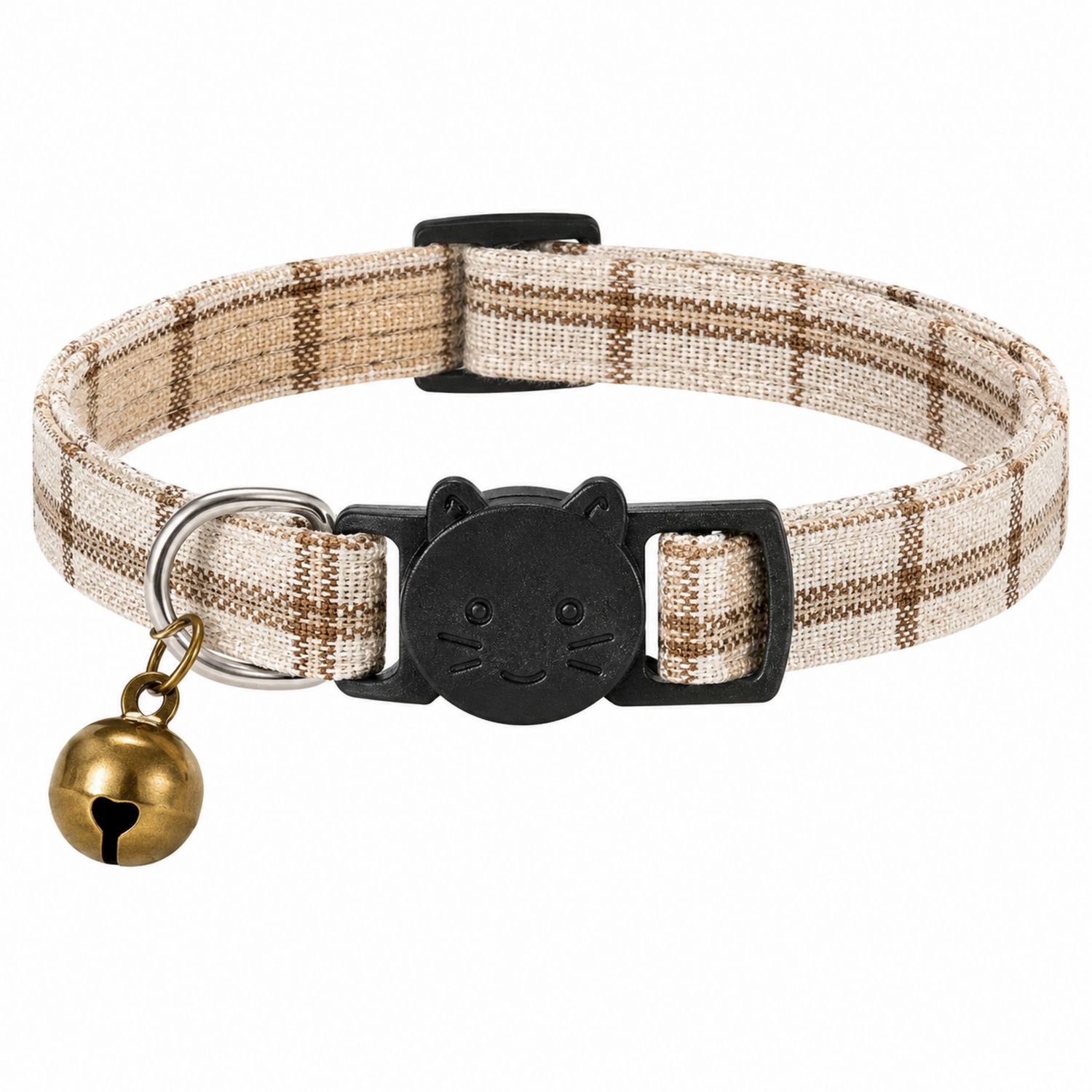Verstellbares Katzenhalsband mit Glocke und Sicherheitsverschluss - Beige Kariert