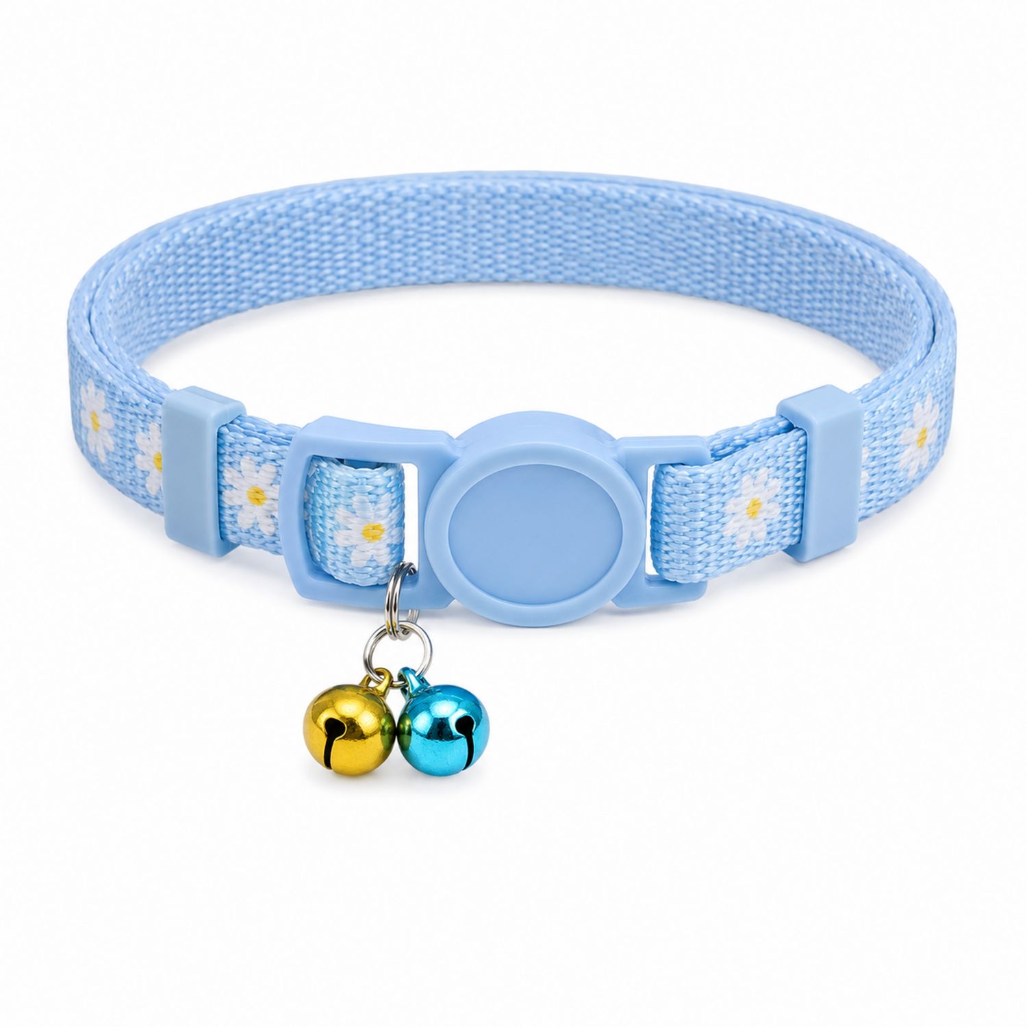 Verstellbares Katzenhalsband Blau mit Blumenmuster und Glocken