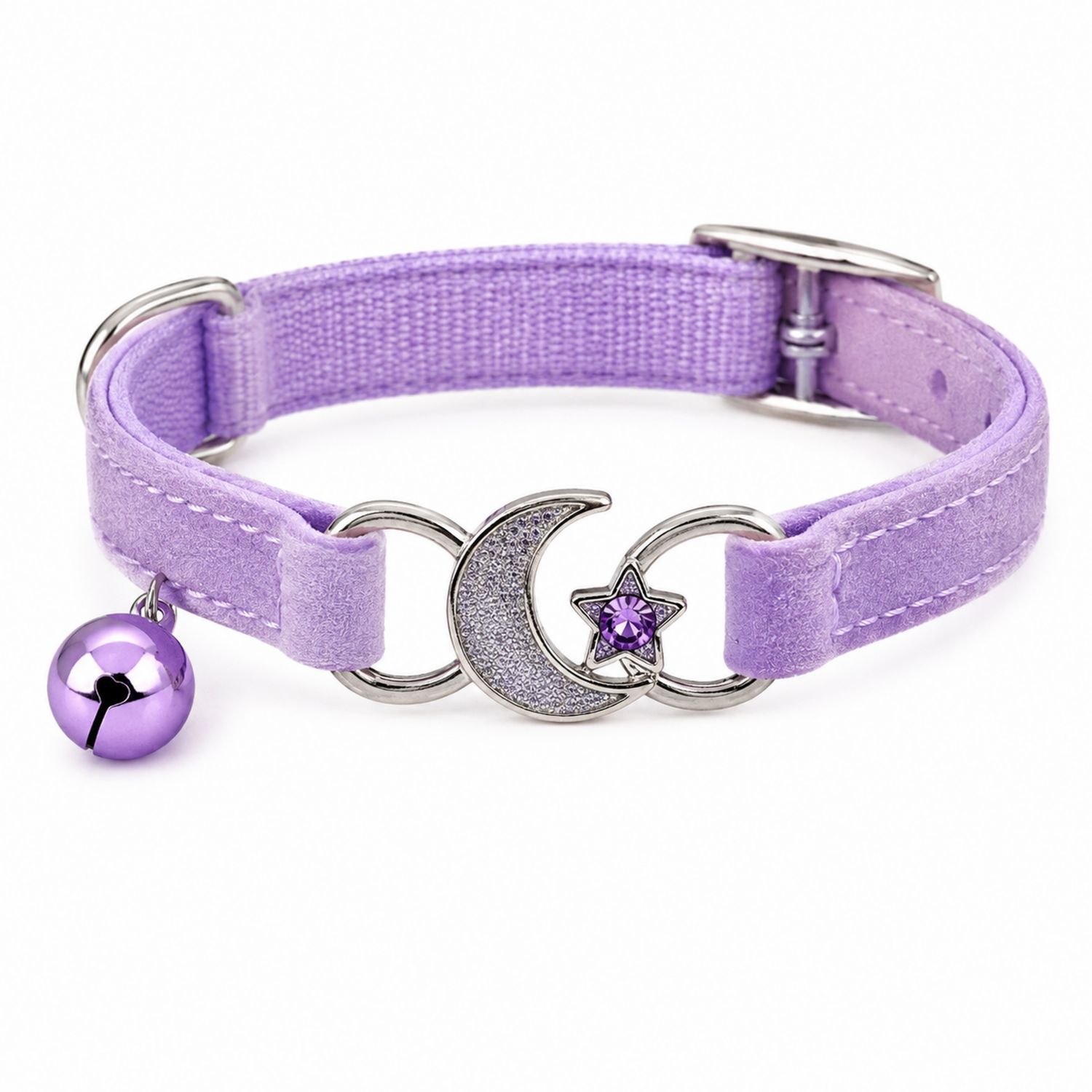 Einstellbares Katzenhalsband Lila mit Mond- und Sternanhänger