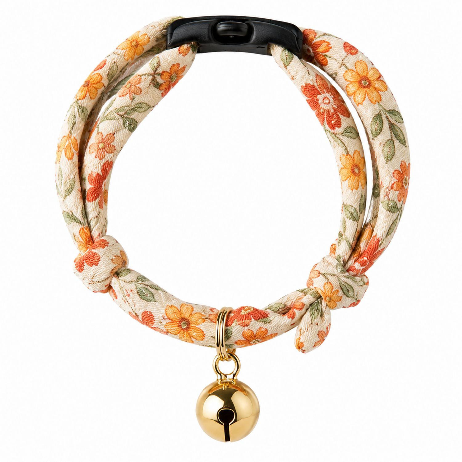 Verstellbares Katzenhalsband mit Blumenmuster und Glöckchen - Beige/Orange