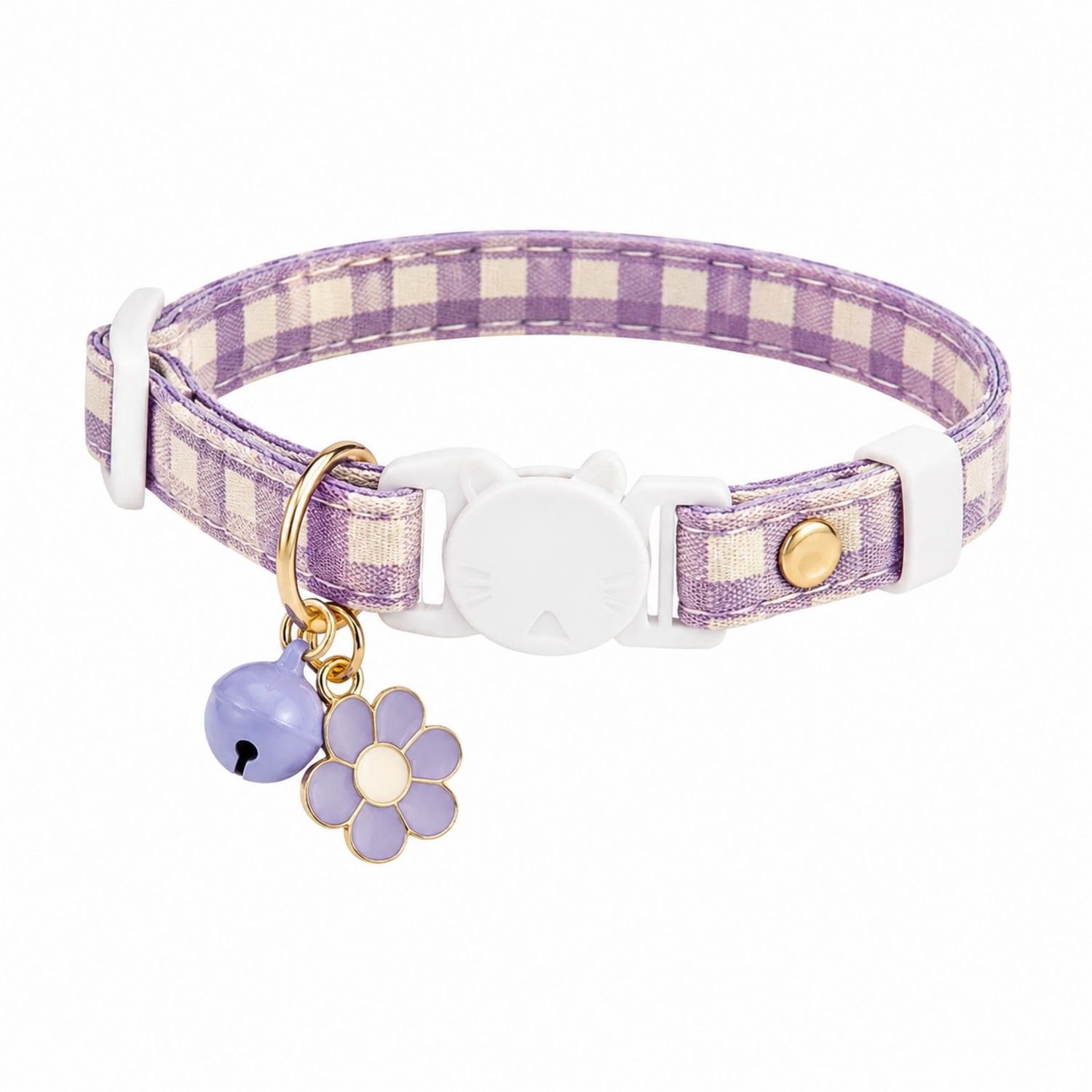 Verstellbares Katzenhalsband mit Glocke und Blume im Lila Karomuster