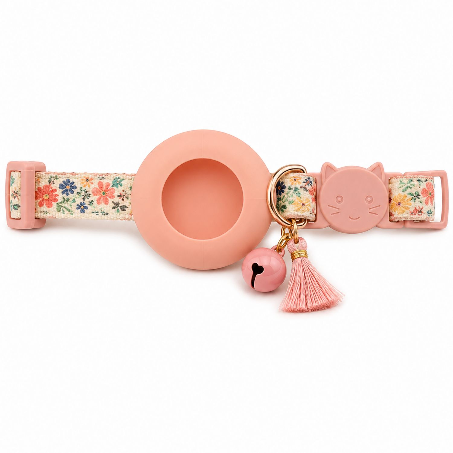Rosa Katzenhalsband mit Blumenmuster und Anhängern