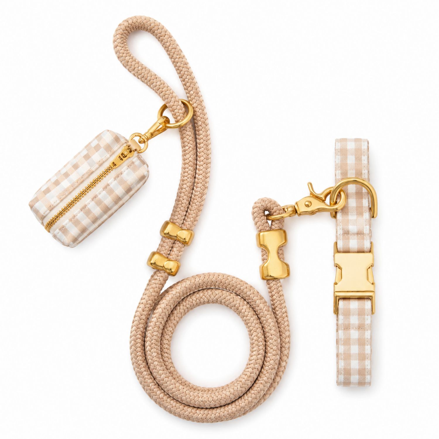 Beiges Hundeleine-Set mit Goldakzenten und Karomuster