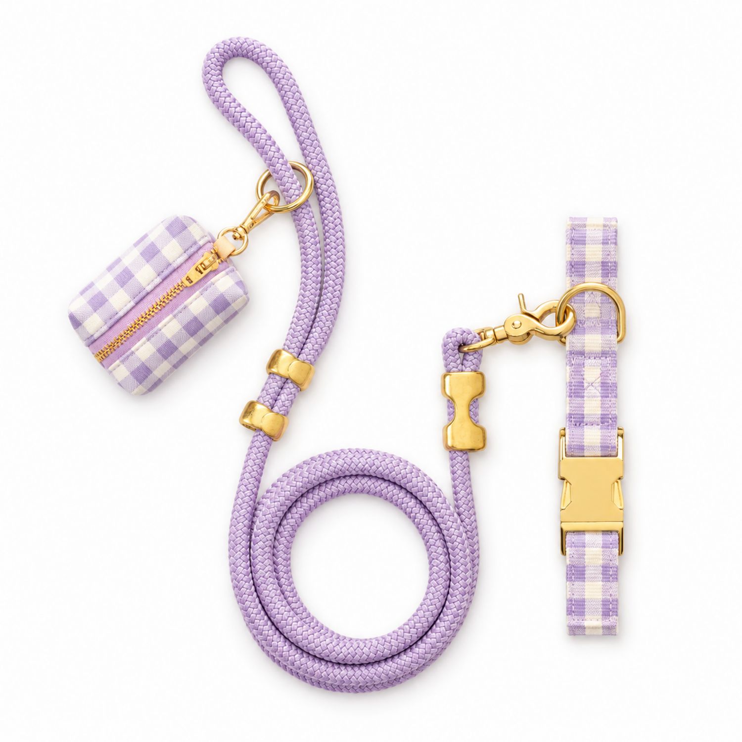 Hundeleine Set Lila Vichy-Karomuster mit Zubehör