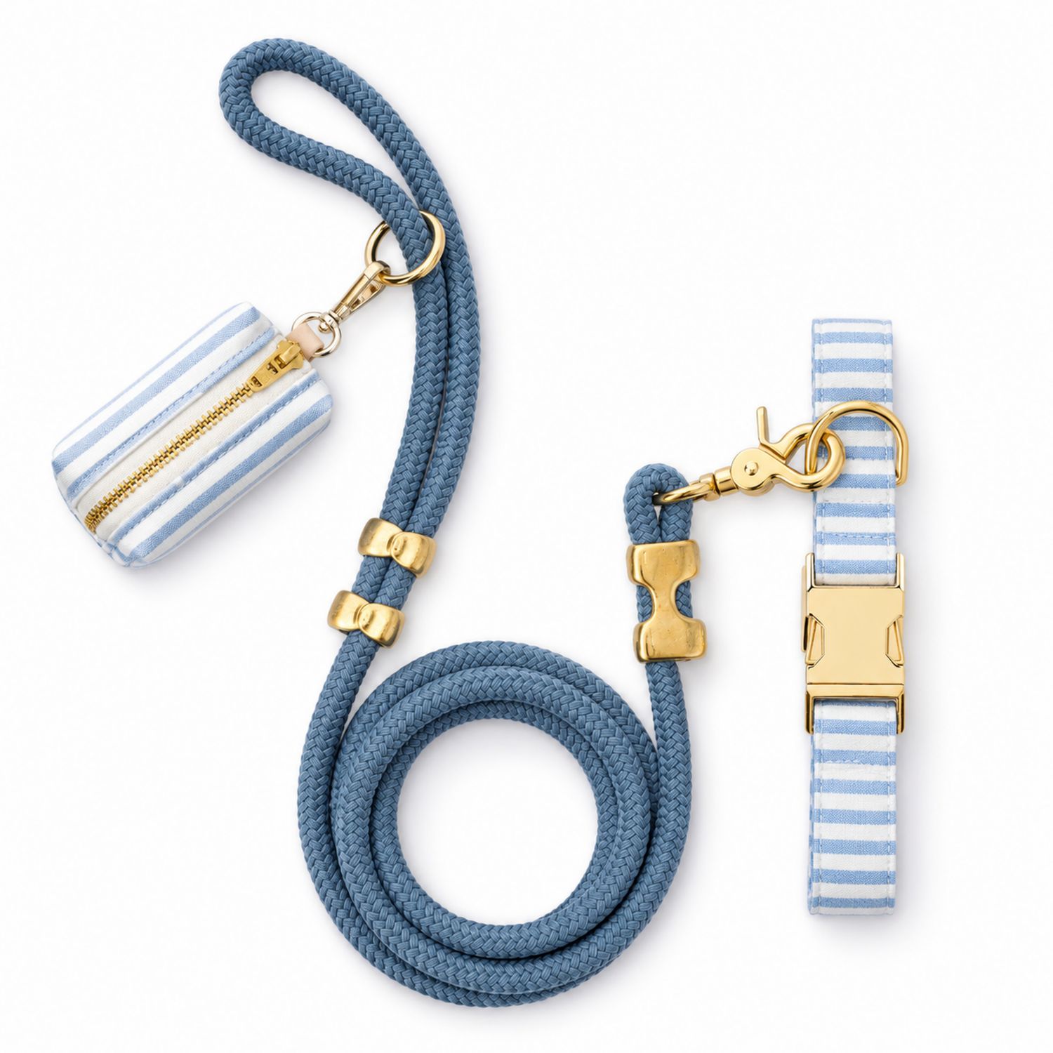 Hundeleine Set in Blau und Weiß mit Streifenmuster und Goldakzenten