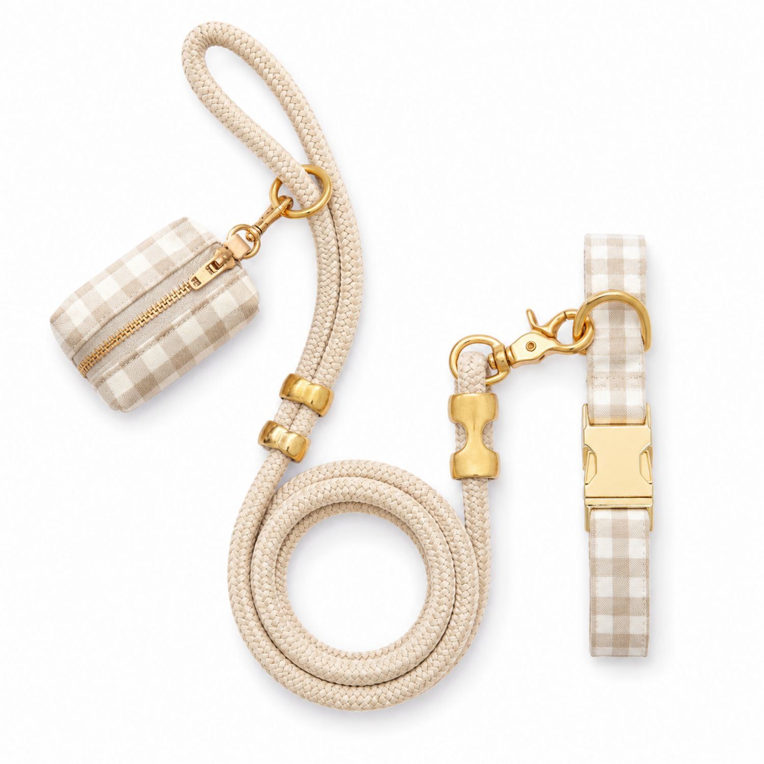 Hundeleine und Halsband Set mit Tasche im Beigem Karo