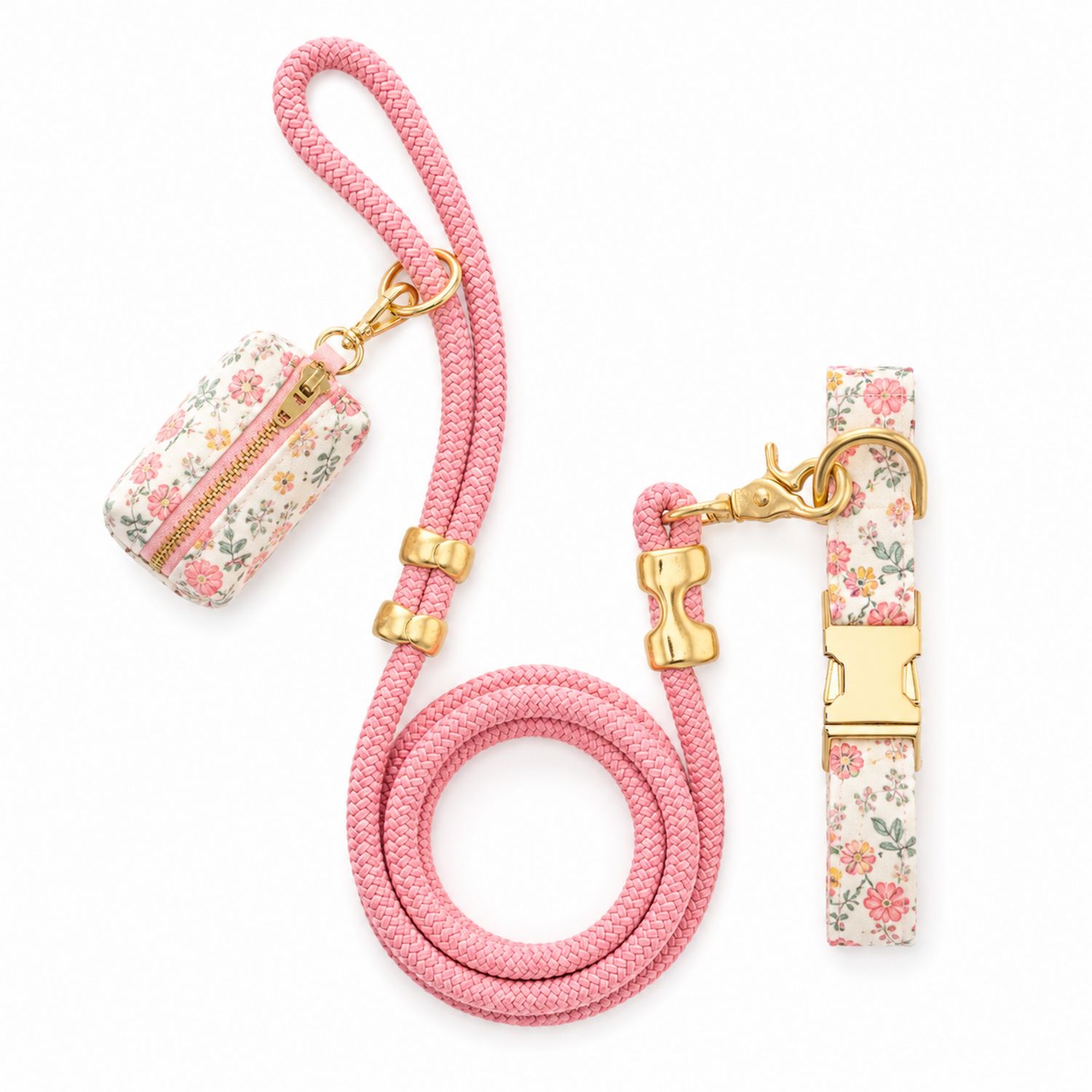 Rosa Hundeleine Set mit Blumenmuster und Aufbewahrungstasche