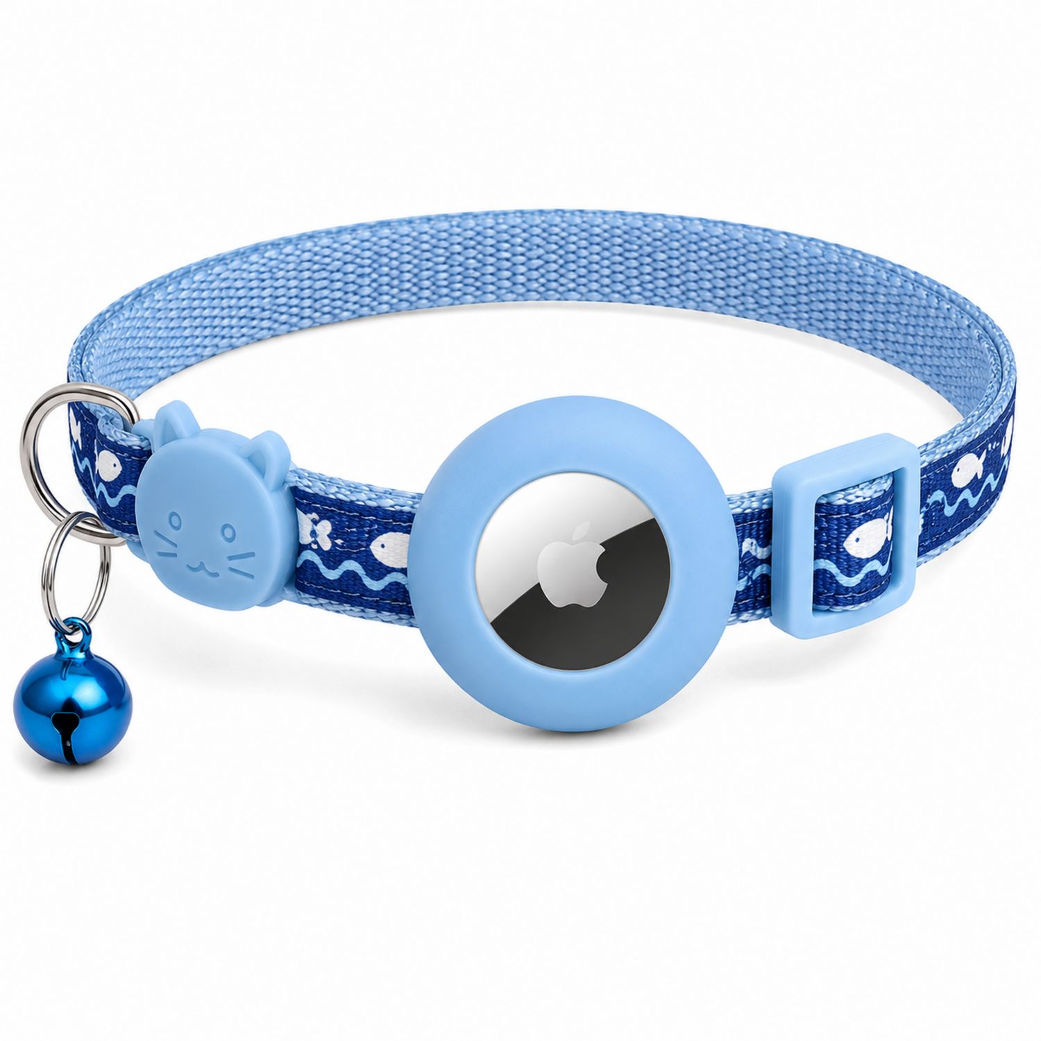 Blaues Katzenhalsband mit AirTag-Halterung und Glocke
