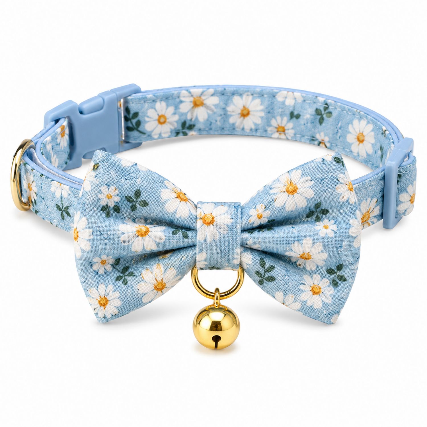 Katzenhalsband mit Schleife und Glocke, Blumen, Hellblau