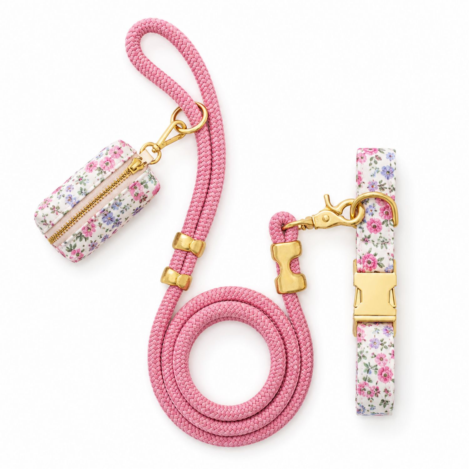 Rosa Hundeleine Set mit Blumenmuster und Zubehör