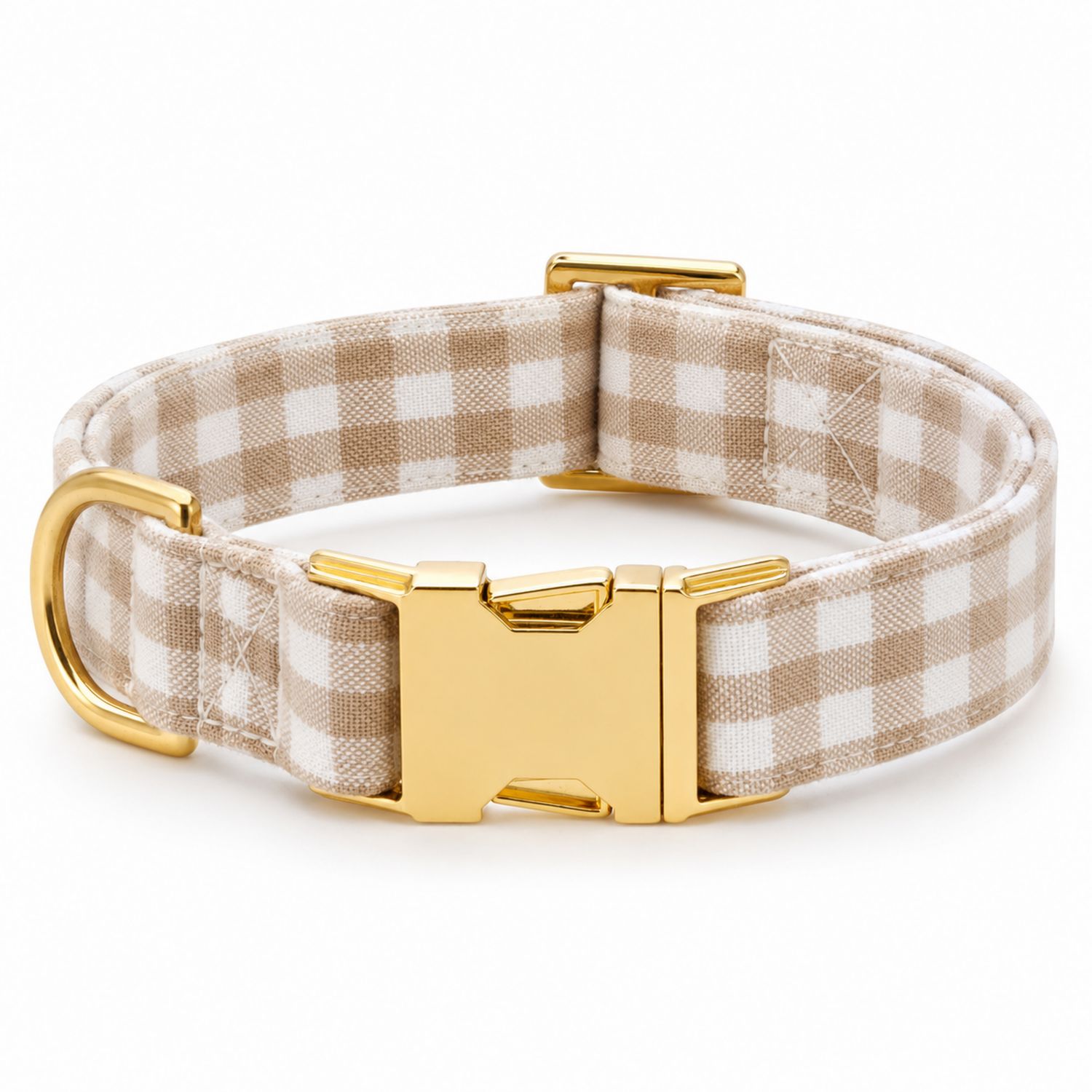 Kariertes Hundehalsband Beige/Weiß mit Goldschnalle