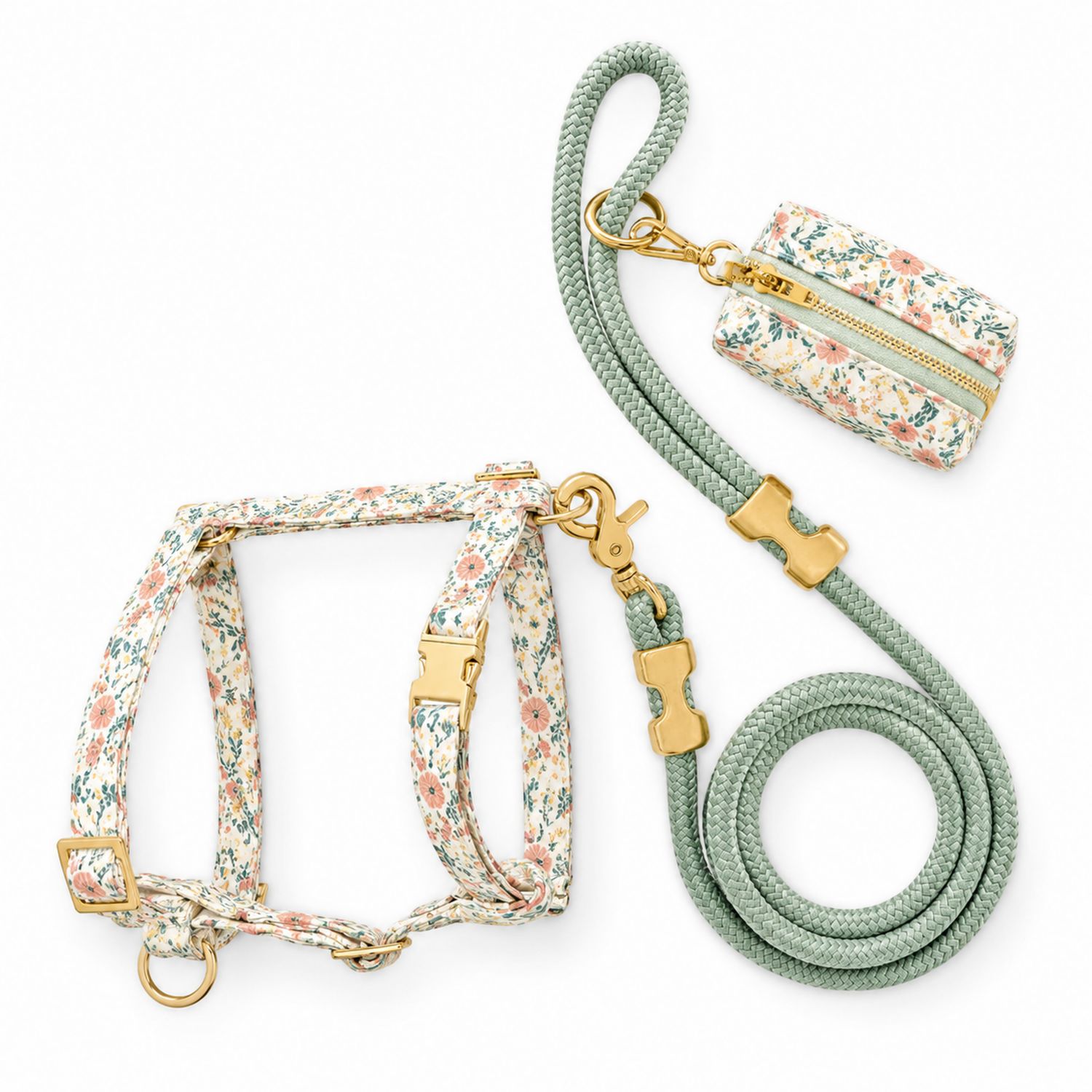 Hersteller Blumenmuster Hundegeschirr Set mit Leine und Tasche - Grün