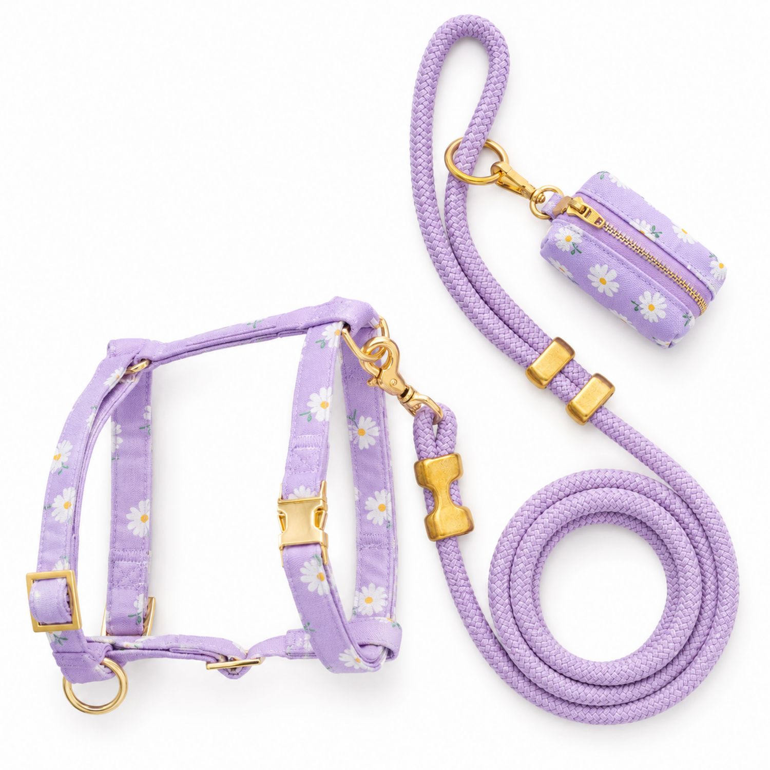 Lila Hundegeschirr-Set mit Leine und Tasche im Gänseblümchenmuster