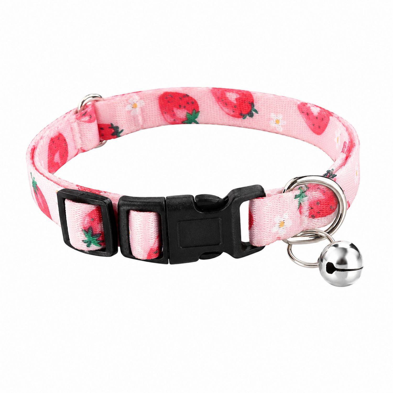 Verstellbares Katzenhalsband Rosa mit Erdbeermuster und Glocke