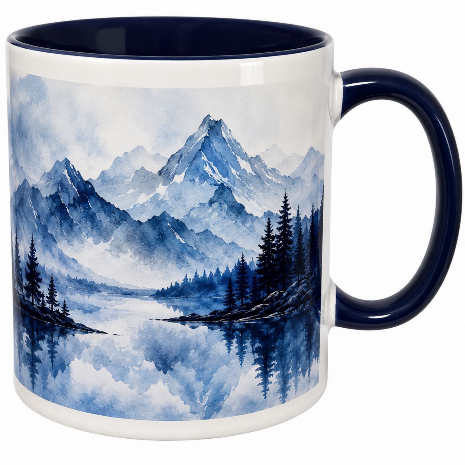 Keramiktasse mit Bergmotiv in Blau-Weiß-Velernocasa
