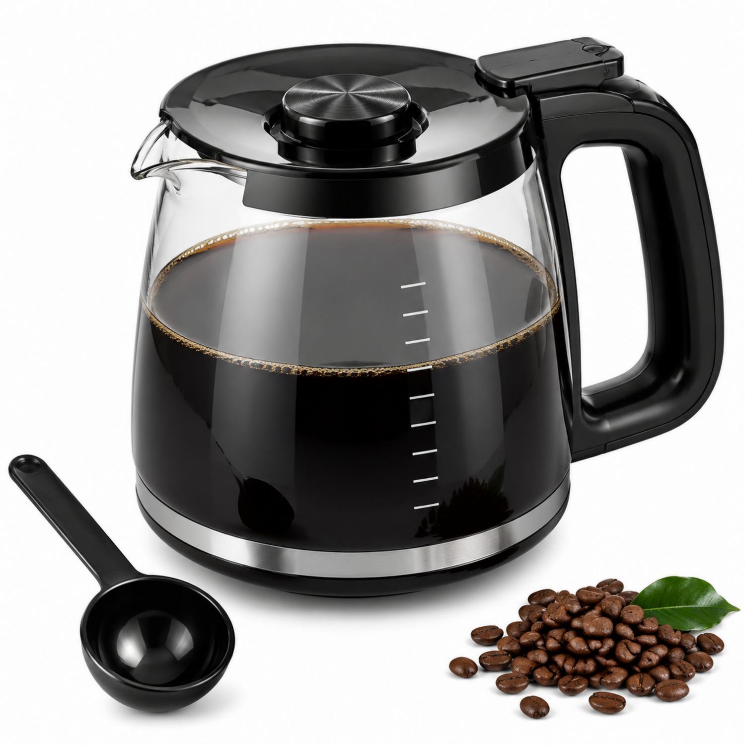 Schwarze Glaskaffeekanne 1000ml mit Messlöffel-Velernocasa