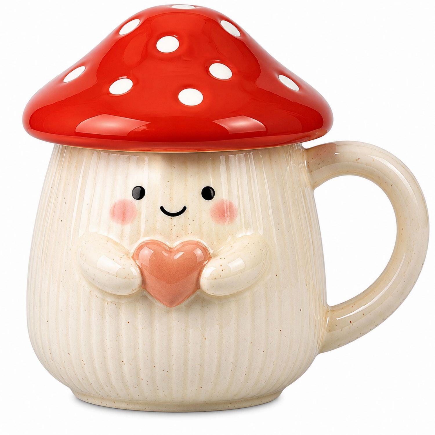 Niedliche Pilz-Keramiktasse mit rotem Deckel, Beige-Velernocasa