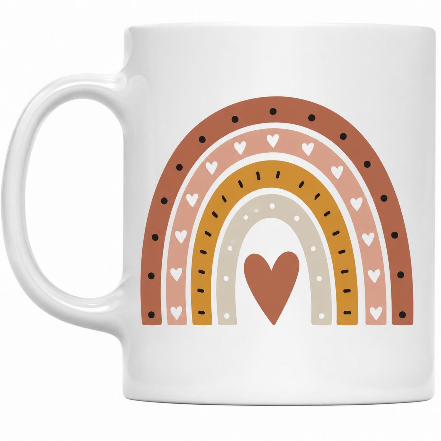 Weiße Keramiktasse mit Regenbogen- und Herzdesign-Velernocasa