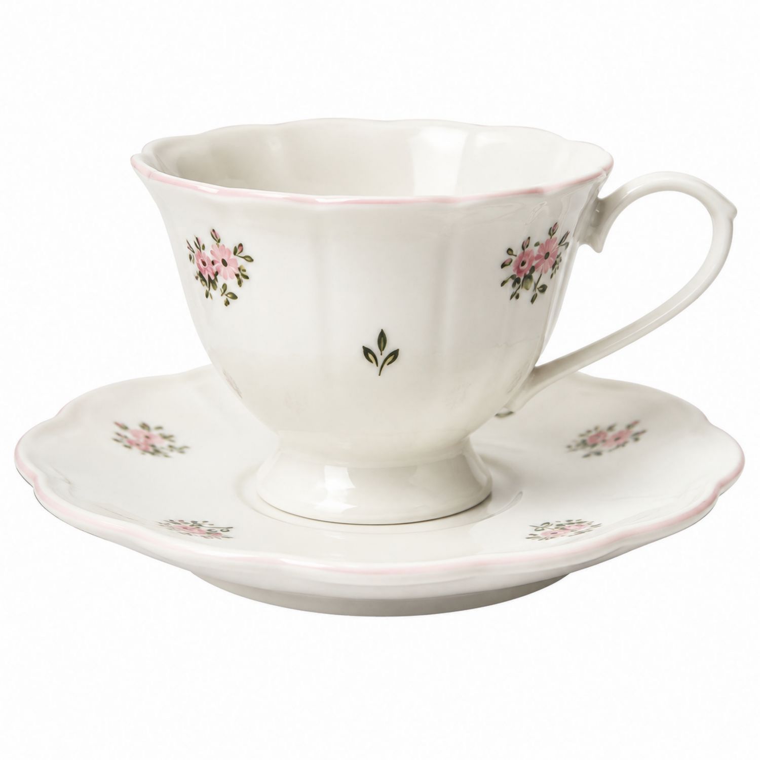 Blumige Teetasse mit Untertasse, Weiß/Pink, 200ml-Velernocasa